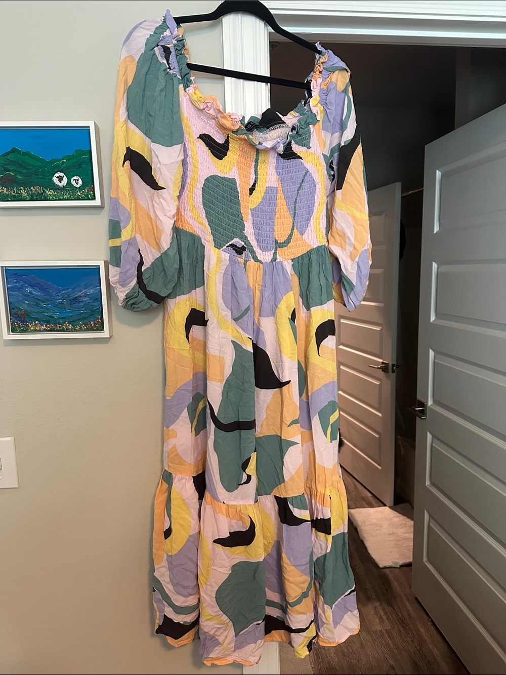Eloquii Pastel Multi Abstract Maxi Dress with Puff Sleeves Size 18